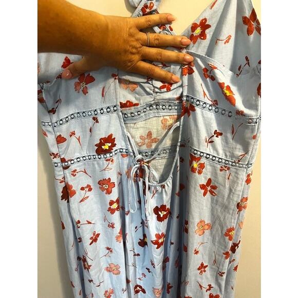 ZARA Floral Midi Dress Linen Viscose Ruffle Lace Open Back Blue Print Women's XL - Picture 6 of 11